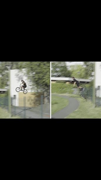 BMX RIDER SKILFULLY FLIPS OFF THE FRONT OF HIS BIKE AFTER LANDING IN FENCE