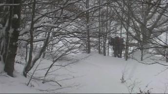 Extreme blizzard conditions where Bura wind blows from winter hike  