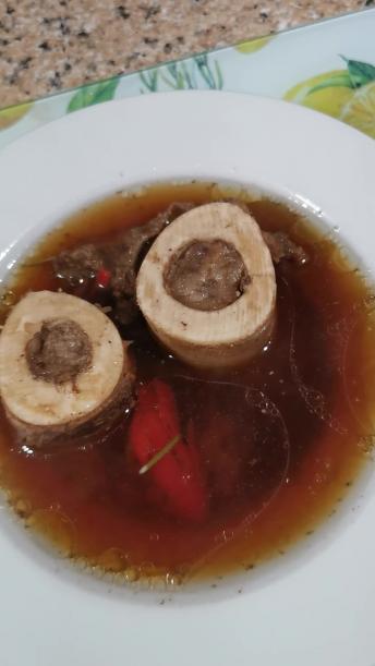 Beef bone broth with  hot Tai peppers !!